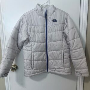 The North Face Girls Winter White with a grey undertone Puffer Jacket